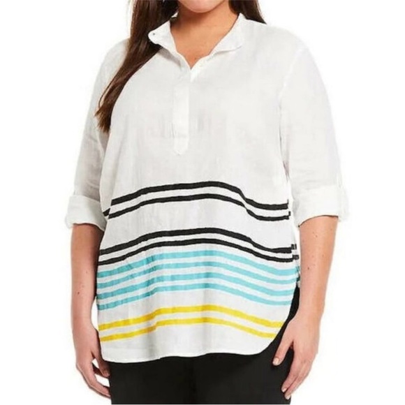 Lauren Ralph Lauren Striped Linen Tunic Top Size 2X White Band Collar Relax Fit - Picture 13 of 15
